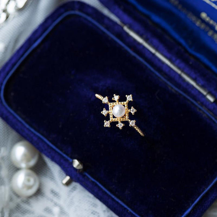 Bague en perle naturelle avec zircon et fleur romantique Olivenorma