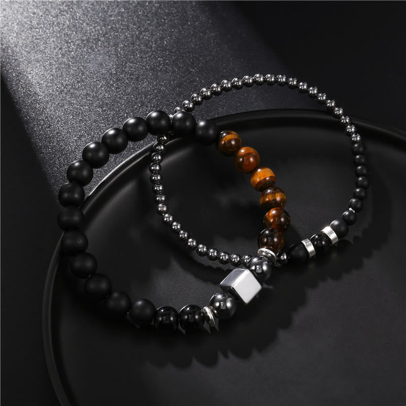 Ensemble de bracelets extensibles en forme de cube noir avec œil de tigre givré Olivenorma