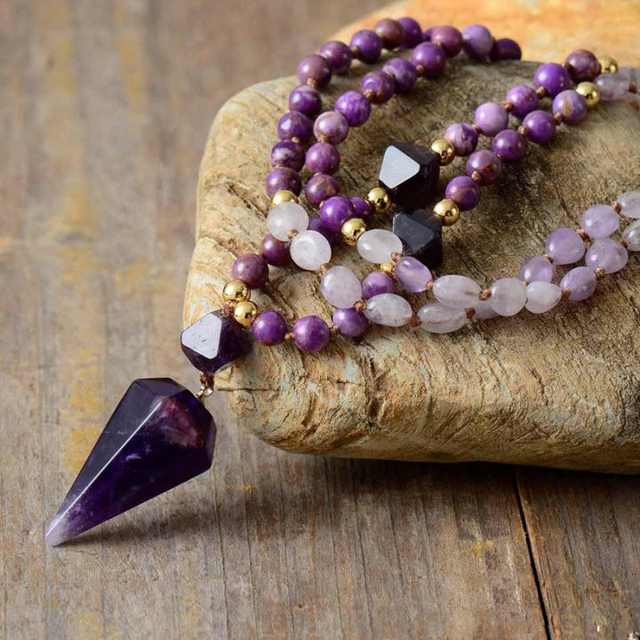 Collier Mala en perles de jade violet améthyste naturel Olivenorma
