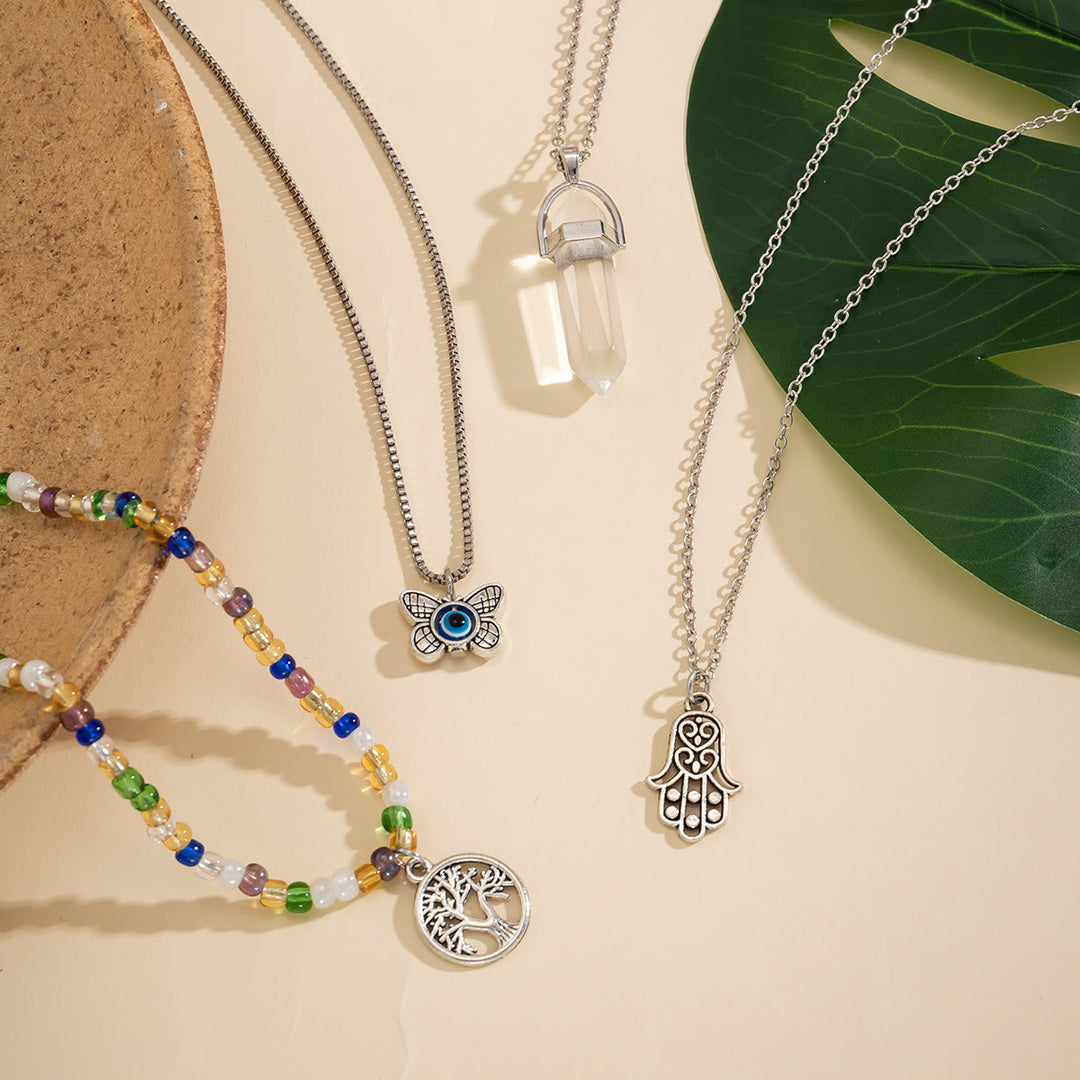 Ensemble de colliers avec pendentif arbre de vie en quartz naturel et hamsa Olivenorma