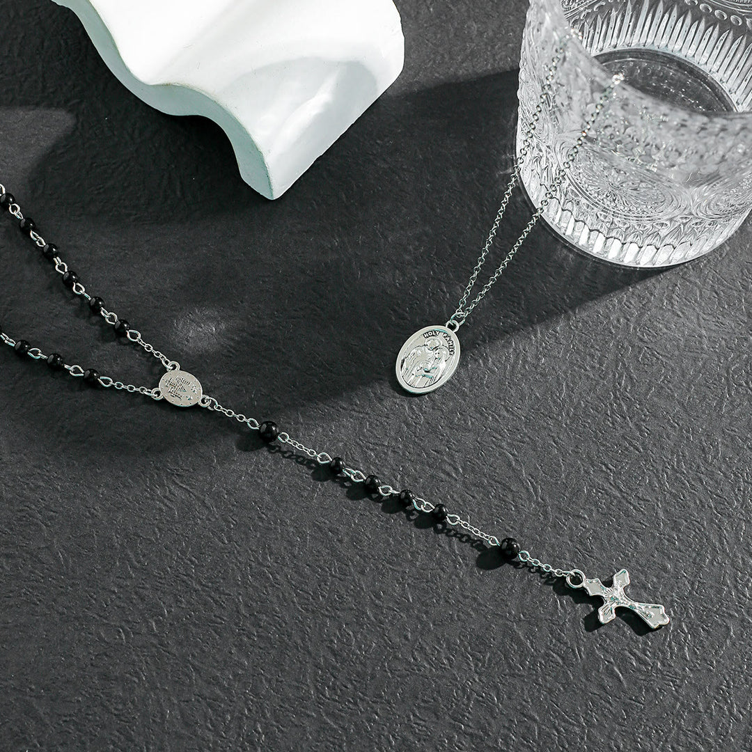 Collier chapelet avec pendentif croix en perles d'obsidienne Olivenorma