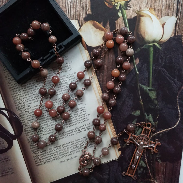 Collier chapelet avec pendentif croix en cuivre et aventurine violette Olivenorma