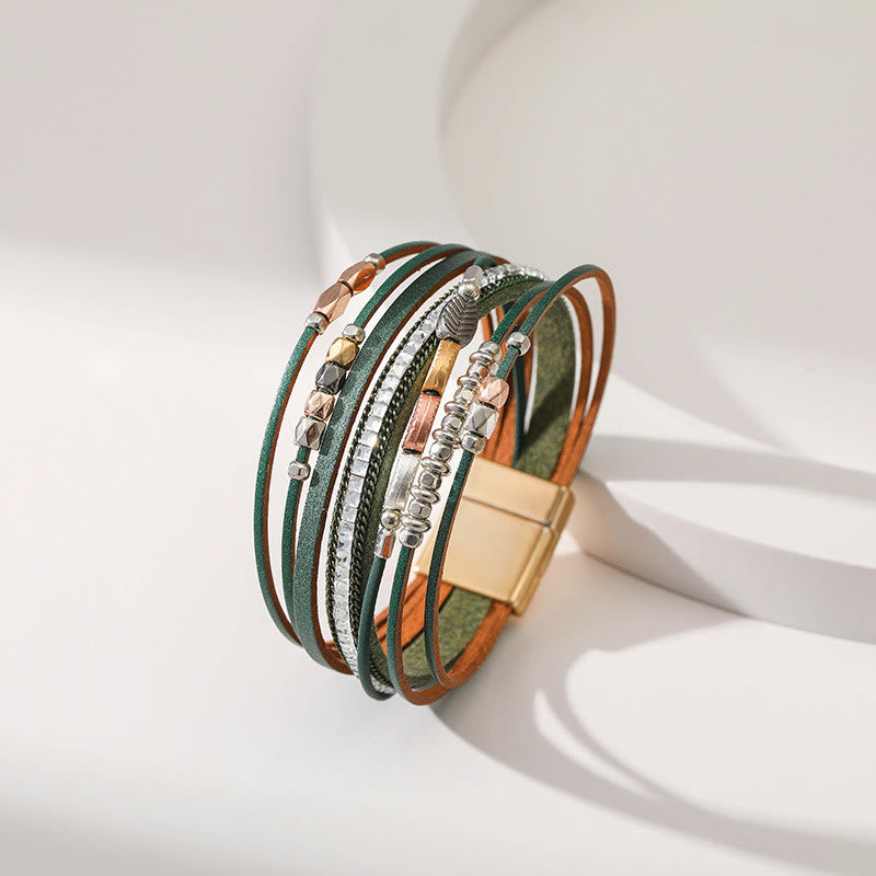 Bracelet en cuir à plusieurs niveaux avec feuille de zircon blanc et hématite Olivenorma