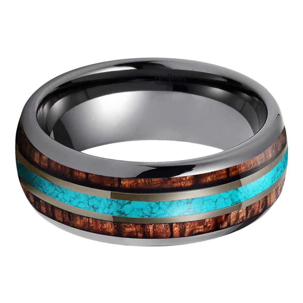 Bague en carbure de tungstène poli Olivenorma Wood Turquoise 8 mm