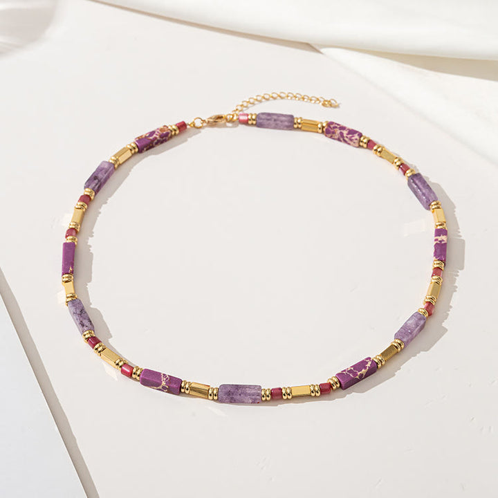Collier de clavicule en pierre empereur violette et charoïte rectangulaire géométrique Olivenorma