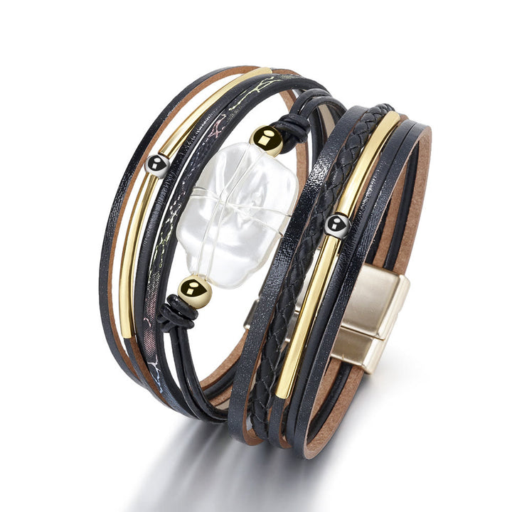 Bracelet en cuir tressé avec perles d'eau douce naturelles Olivenorma