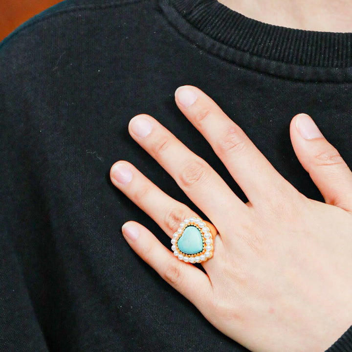 Bague ajustable en forme de cœur avec perle turquoise Olivenorma