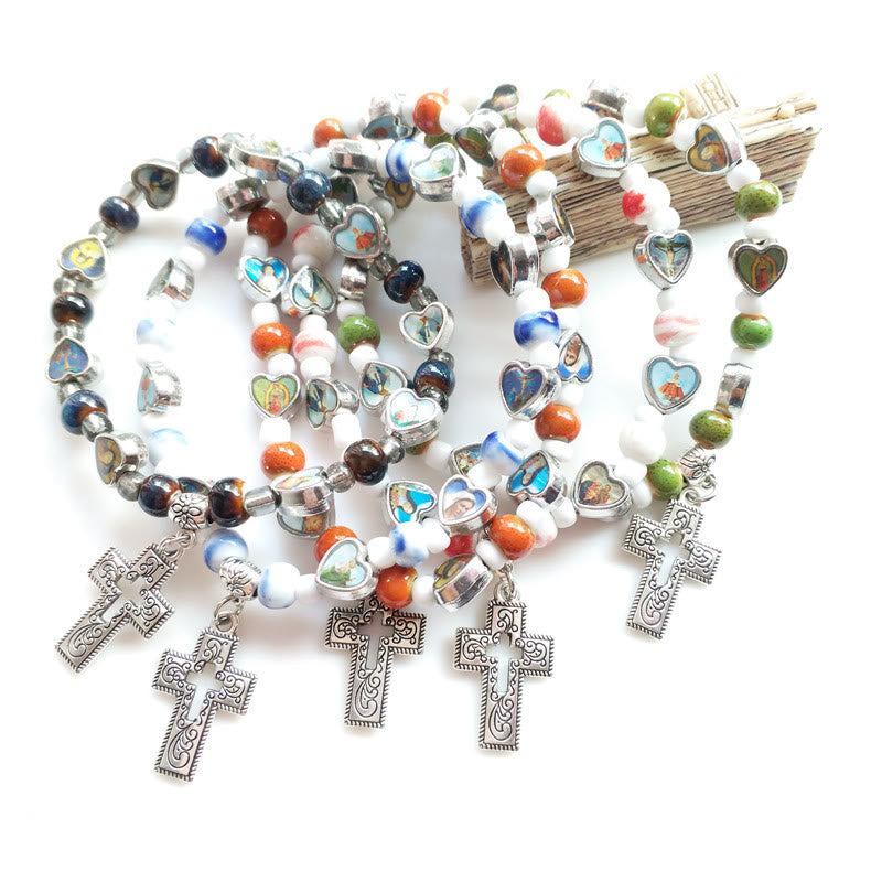 Bracelet croix chrétienne en perles de pierre colorées naturelles Olivenorma