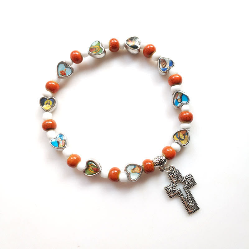 Bracelet croix chrétienne en perles de pierre colorées naturelles Olivenorma