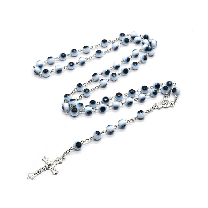 Collier chapelet avec pendentif croix contre le mauvais œil noir et blanc Olivenorma