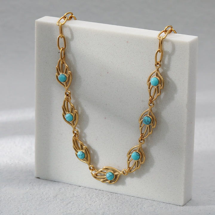 Collier en acier inoxydable 18 carats en forme de feuille de turquoise Olivenorma