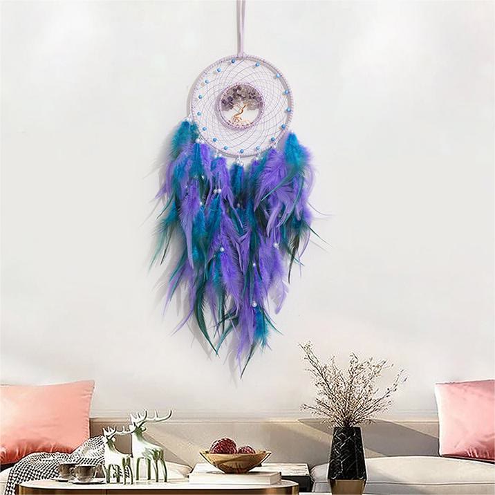 Attrape-rêves en cristal arbre de vie avec plumes phosphorescentes Olivenorma
