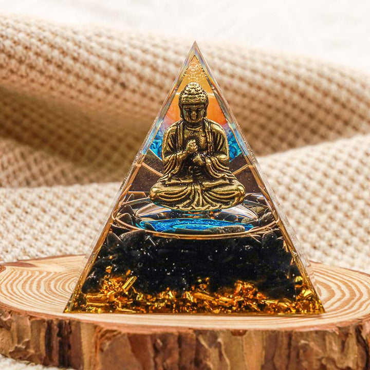 Pyramide d'orgone de protection du Bouddha en obsidienne Olivenorma