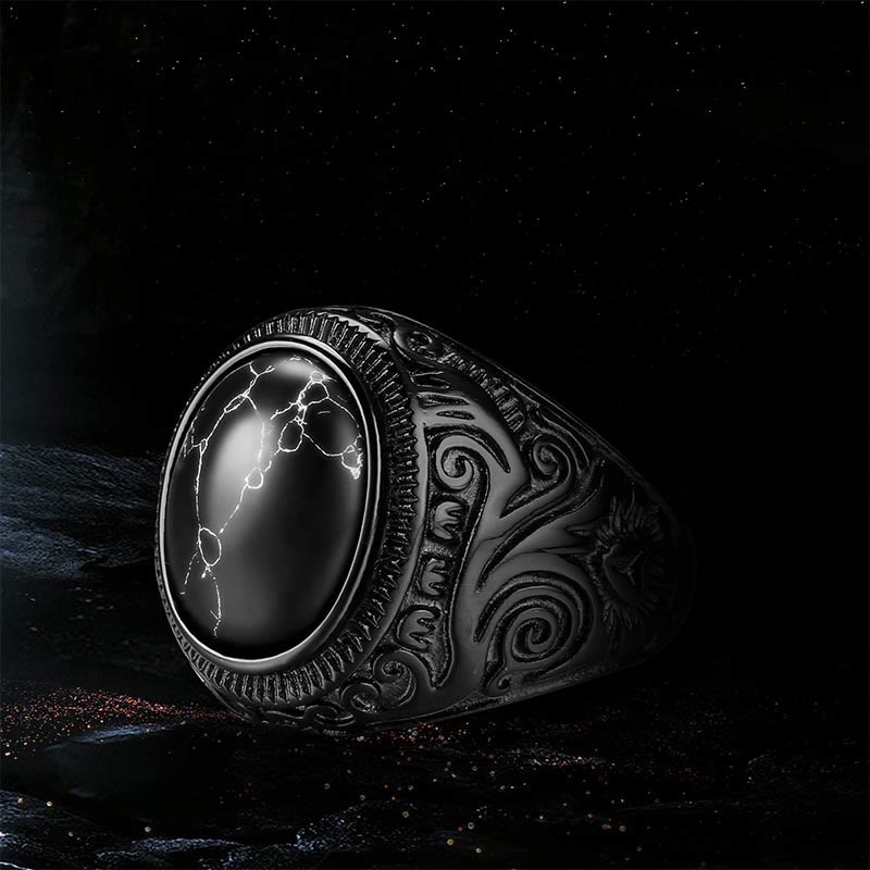 Bague homme rétro en pierre turquoise noire Olivenorma