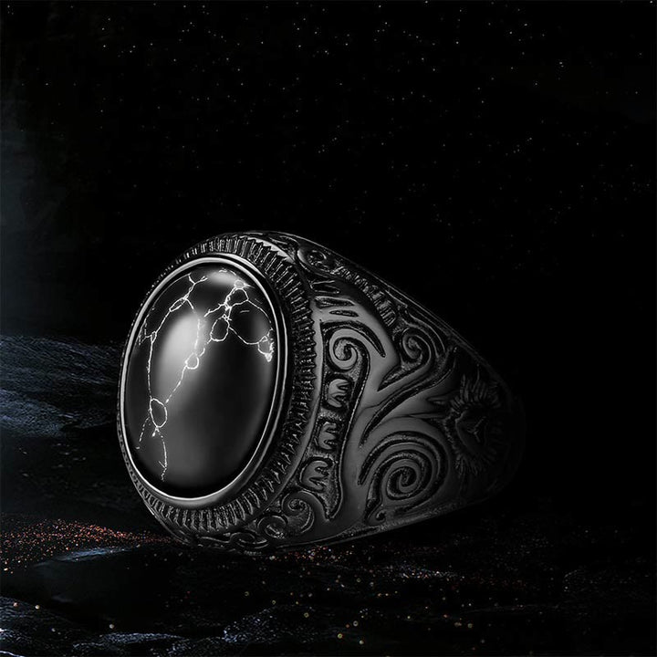 Bague homme rétro en pierre turquoise noire Olivenorma