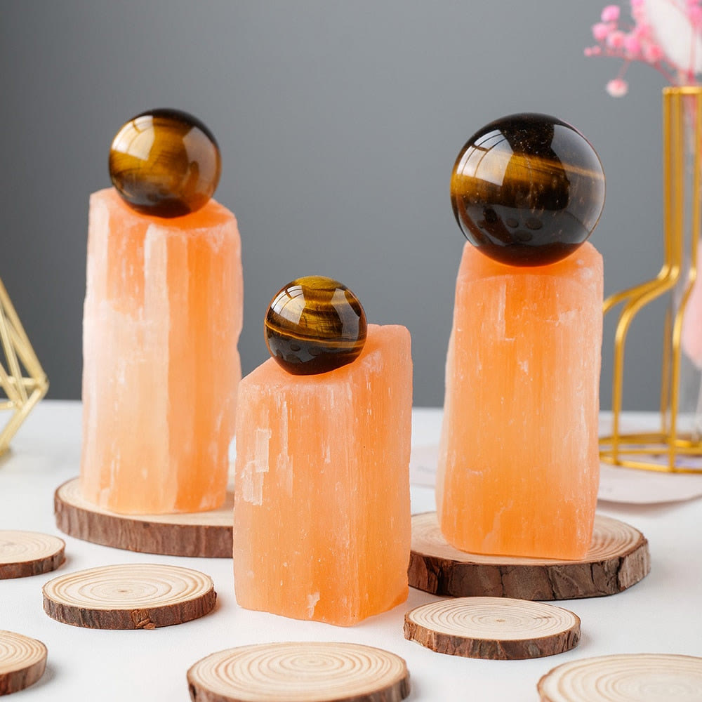 Support de sphère en cristal de sélénite orange Olivenorma pour décoration de pierres précieuses