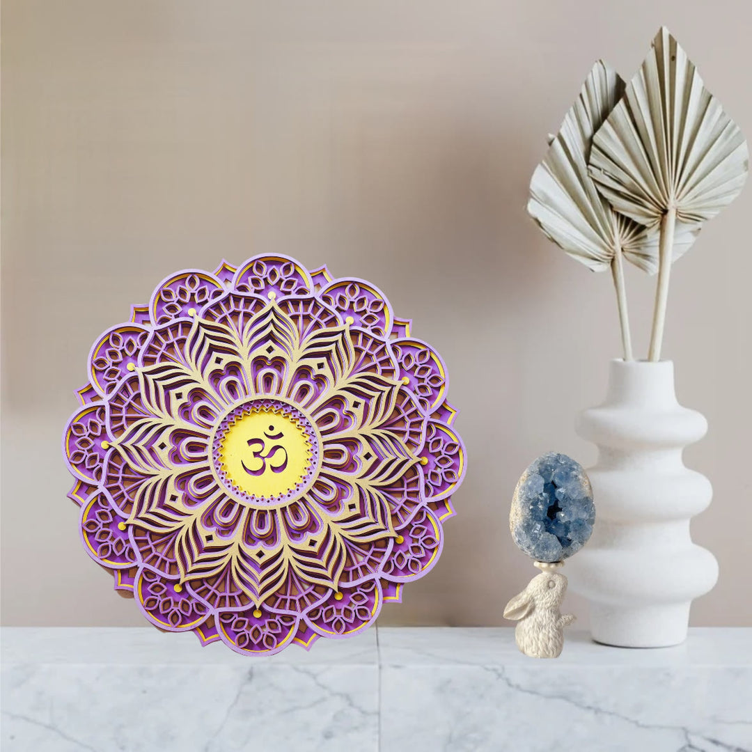 Décoration murale sculptée 3D Olivenorma violet rose Om Hamsa Chakra