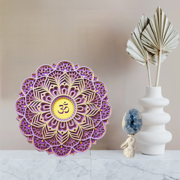 Décoration murale sculptée 3D Olivenorma violet rose Om Hamsa Chakra