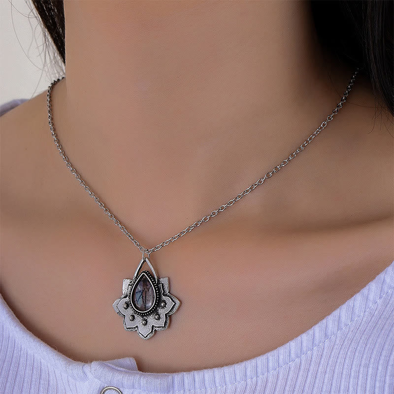 Collier en pierre œil de chat en forme de goutte de lotus double Olivenorma