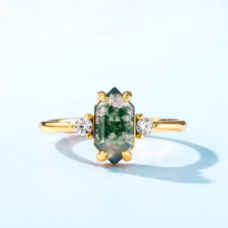 Bague ajustable Olivenorma en agate mousse hexagonale et zircon blanc S925