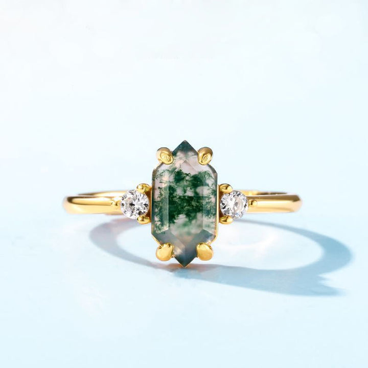 Bague ajustable Olivenorma en agate mousse hexagonale et zircon blanc S925