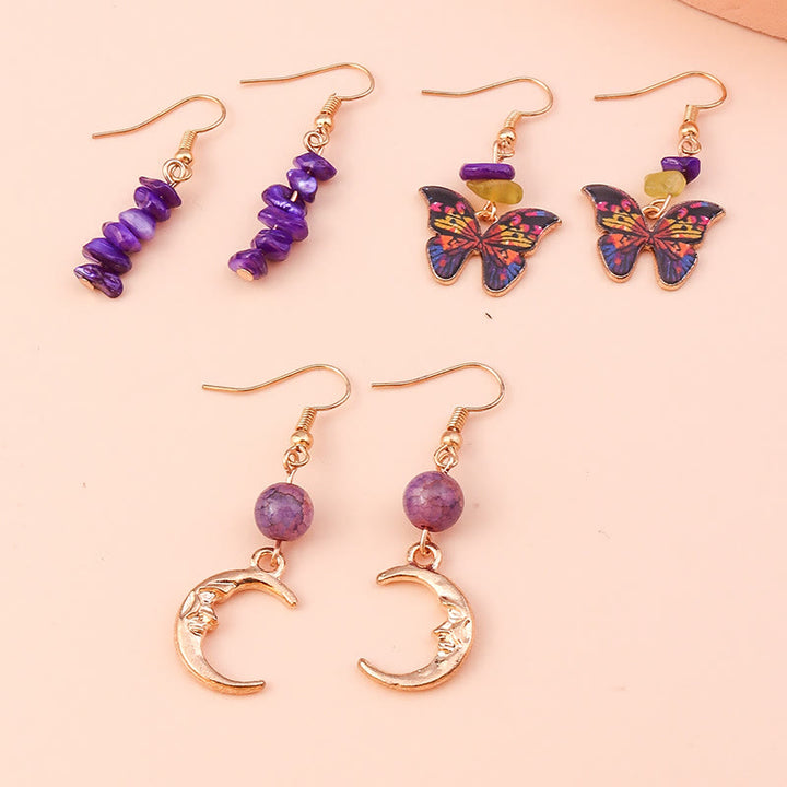 Ensemble de boucles d'oreilles pendantes en forme de papillon et de lune en agate violette améthyste Olivenorma