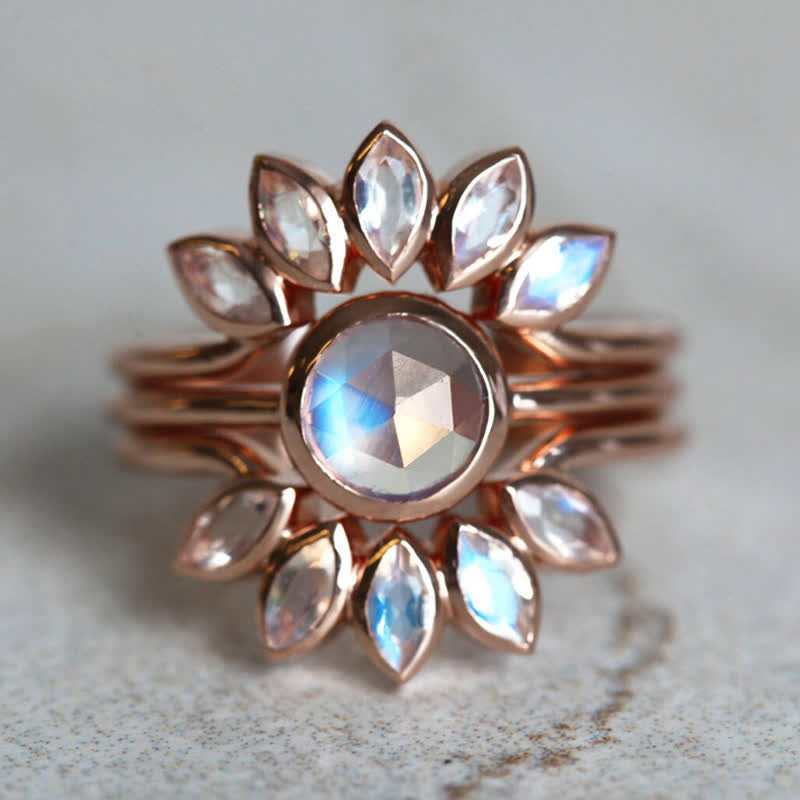 Olivenorma « Déesse des marées » – Bague 3 pièces en pierre de lune et fleur de soleil