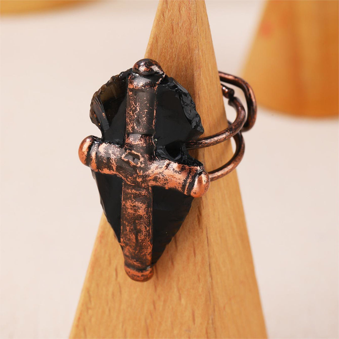 Bague en forme de croix avec bouclier en obsidienne naturelle Olivenorma