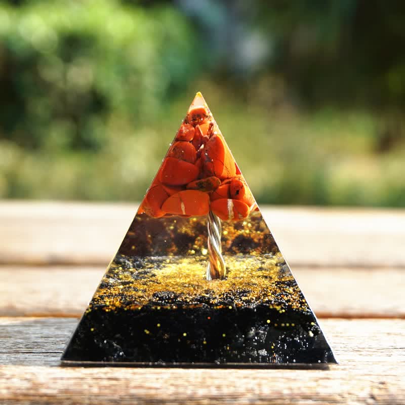 Olivenorma Jaspe rouge Tourmaline noire Arbre de vie Pyramide orgone