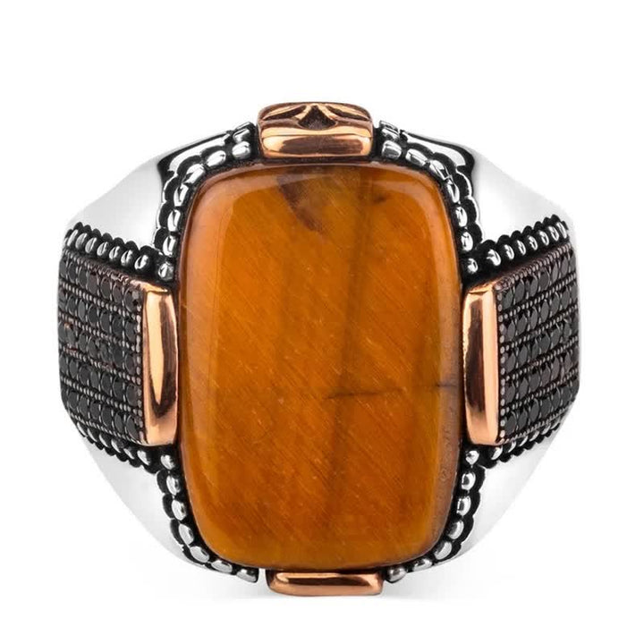 Bague à large bord pour homme en œil de tigre carré Olivenorma