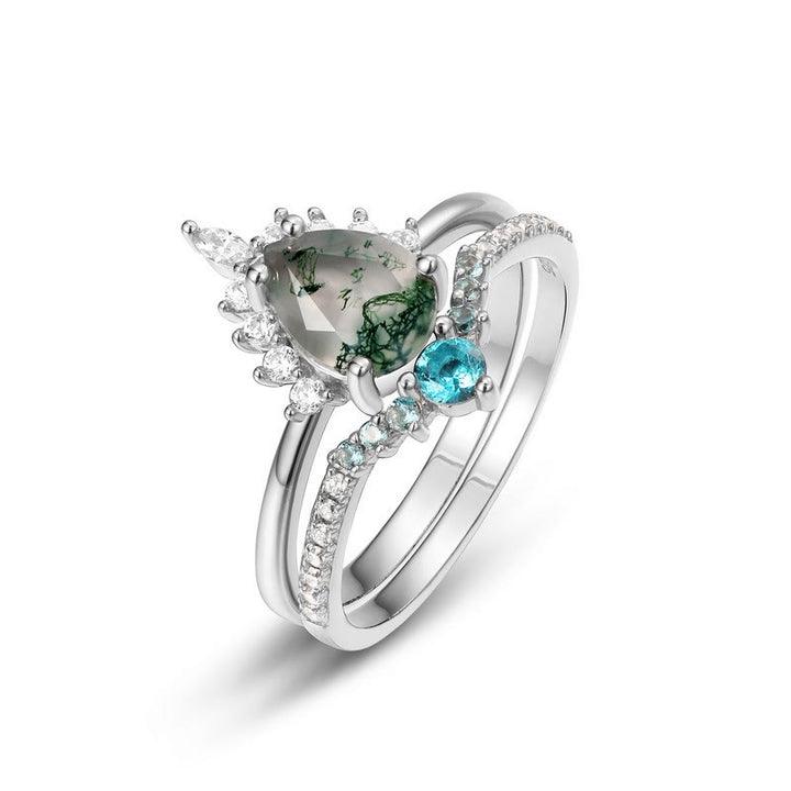 Bague en argent 925 avec 2 pièces d'agate mousse et tourmaline Paraiba Olivenorma