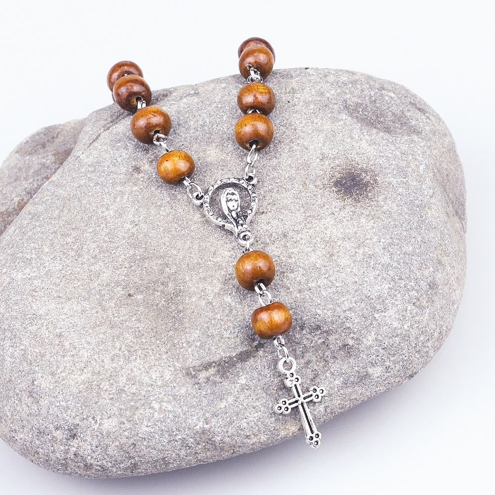 Bracelet chapelet en perles de bois avec croix de la Vierge Marie et christianisme Olivenorma