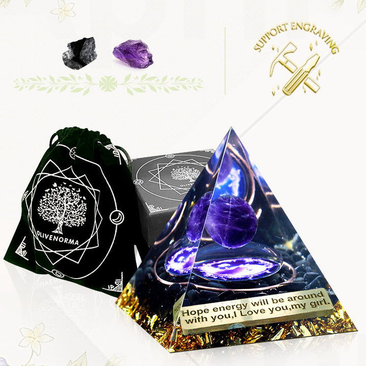 Pyramide d'orgone en tourmaline noire et améthyste Olivenorma
