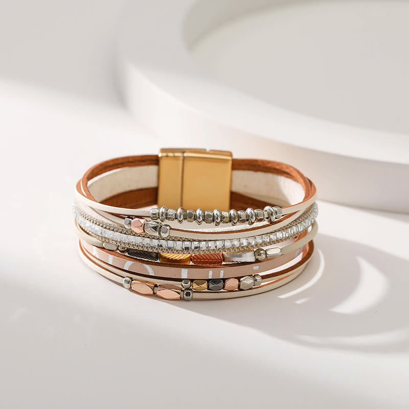 Bracelet en cuir à plusieurs niveaux avec feuille de zircon blanc et hématite Olivenorma