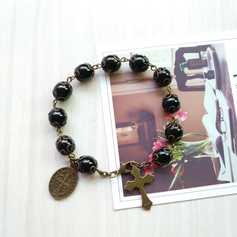 Bracelet chapelet avec pendentif croix en obsidienne sacrée Olivenorma