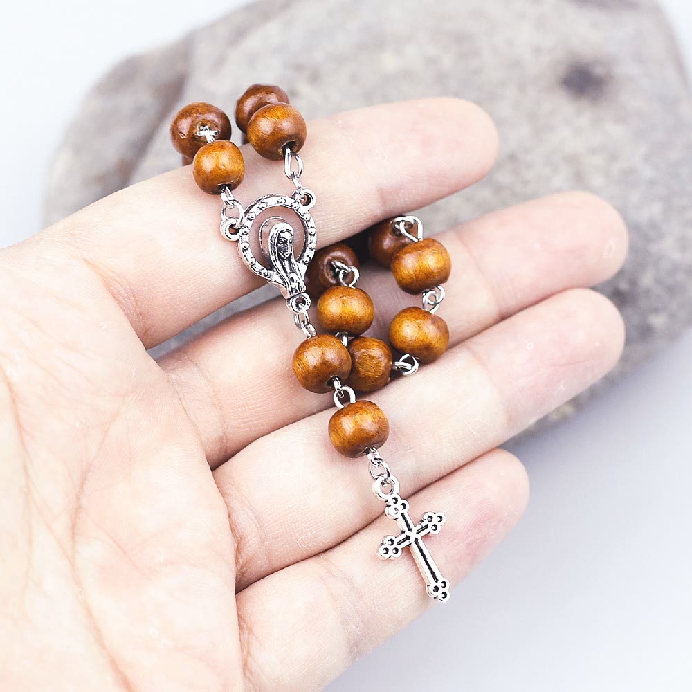 Bracelet chapelet en perles de bois avec croix de la Vierge Marie et christianisme Olivenorma