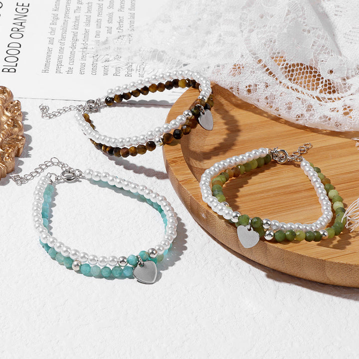 Bracelet double couche avec breloque en forme de cœur et pierre à facettes Olivenorma