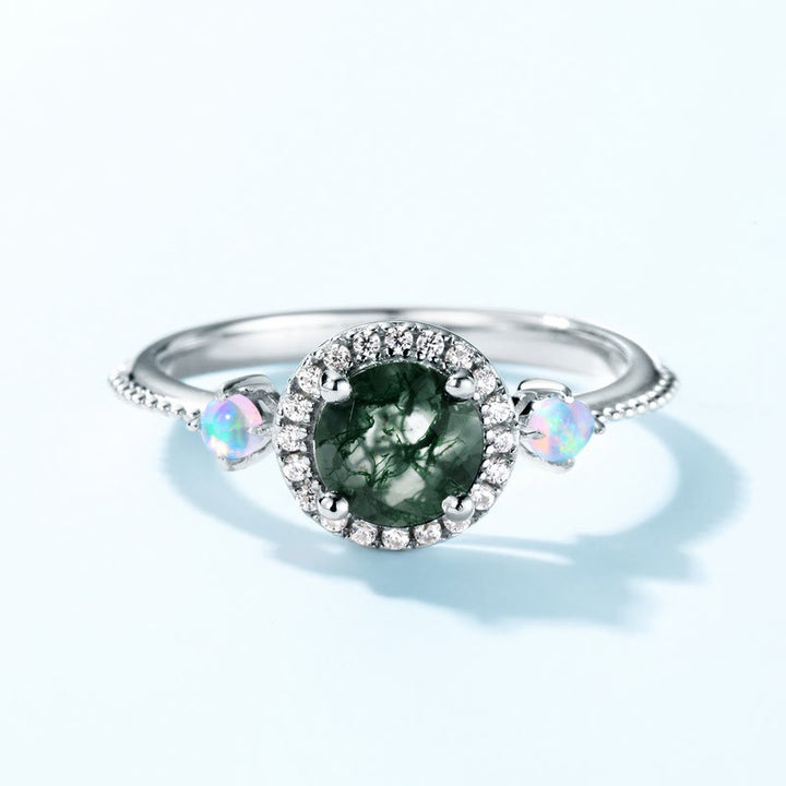 Bague de luxe ronde en agate mousse opale claire Olivenorma