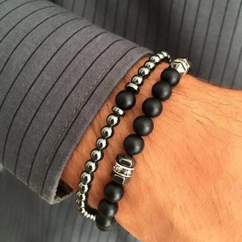 Olivenorma Bijoux pour hommes Ensemble de 2 bracelets tendance Punk en perles
