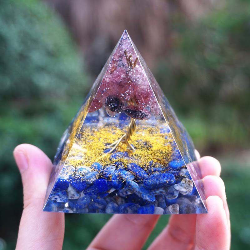 Lapis-lazuli Olivenorma avec pyramide d'orgone de l'arbre de vie en quartz fraise