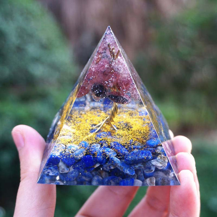 Lapis-lazuli Olivenorma avec pyramide d'orgone de l'arbre de vie en quartz fraise