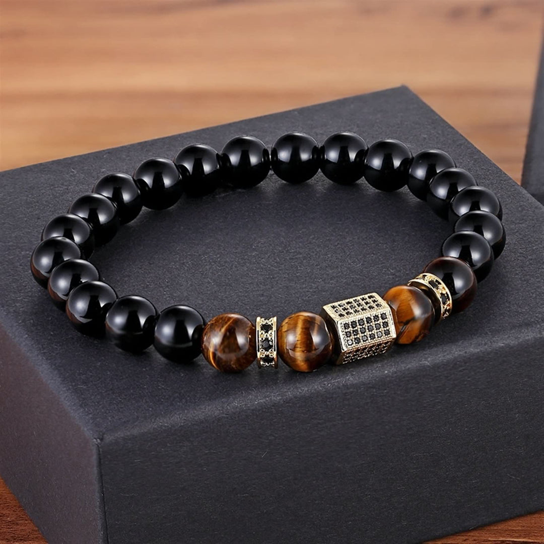 Bracelet en perles noires givrées en œil de tigre pour homme Olivenorma