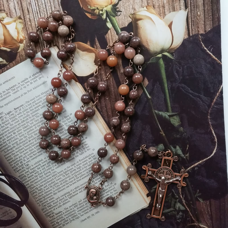 Collier chapelet avec pendentif croix en cuivre et aventurine violette Olivenorma