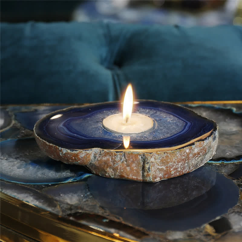 Bougeoir en tranche d'agate bleue naturelle