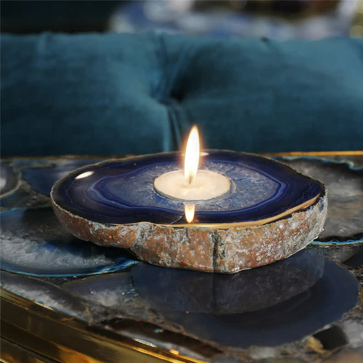 Bougeoir en tranche d'agate bleue naturelle