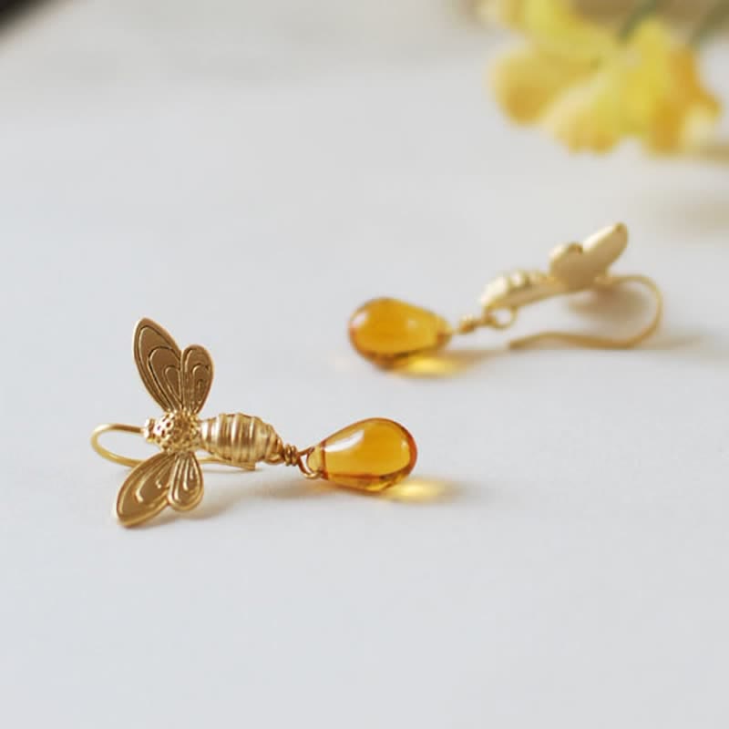 Boucles d'oreilles et collier en ambre avec pendentif en forme de goutte d'eau et de miel Olivenorma Bee Topaz