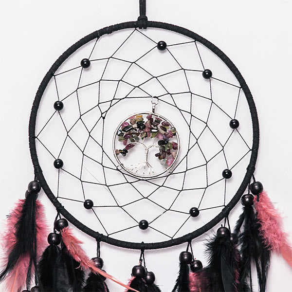 Attrape - rêves en tourmaline noire et rose avec plumes