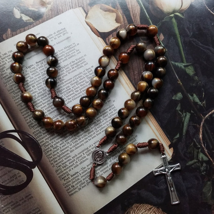 Collier chapelet avec pendentif croix de Jésus en perles d'agate de 10 mm Olivenorma