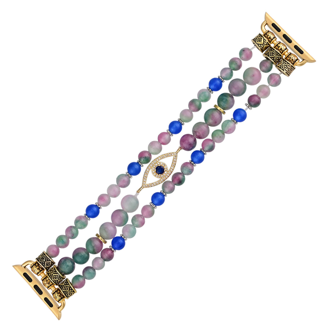 Bracelet de montre Apple Watch Olivenorma avec perles roses et bleues et motif œil mauvais