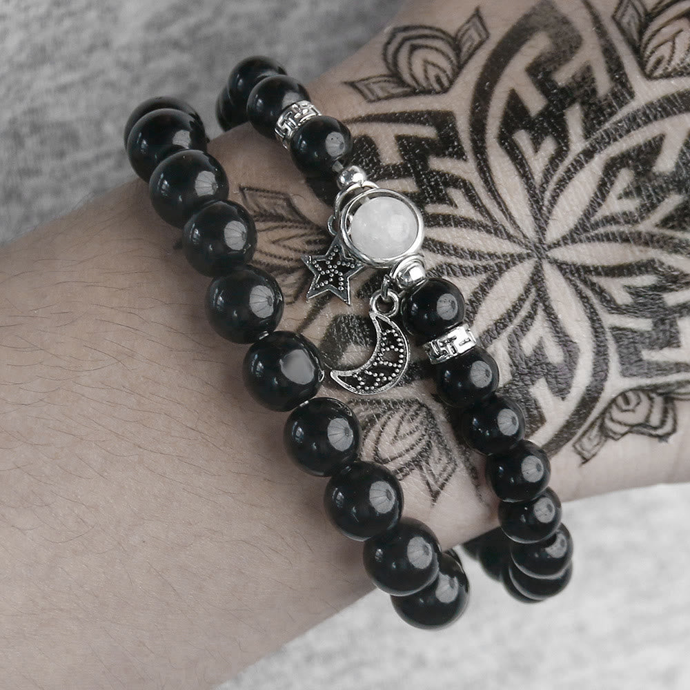 Bracelet en obsidienne de grès bleu Olivenorma avec perles de 6 mm en forme d'étoile et de lune